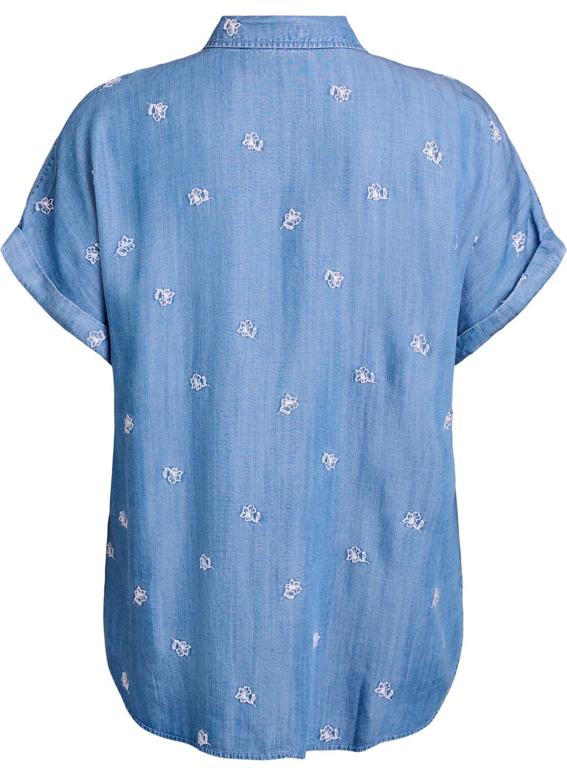 ZizziDenimlook lyocell shirt met bloemenborduursel, Blauw, Packshot image number 1