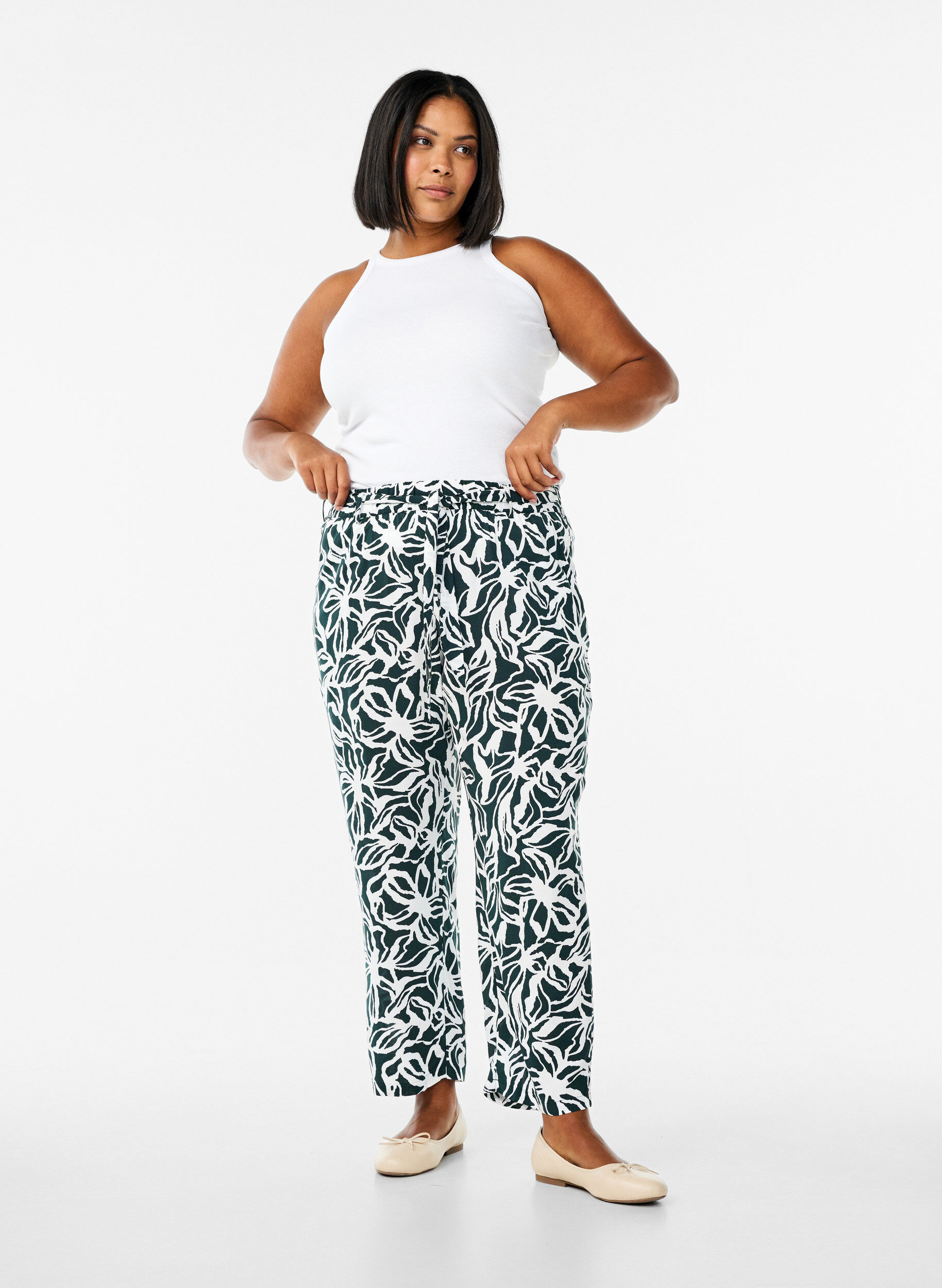 Pantalon taille haute en viscose, Vert fonc&eacute;, Model