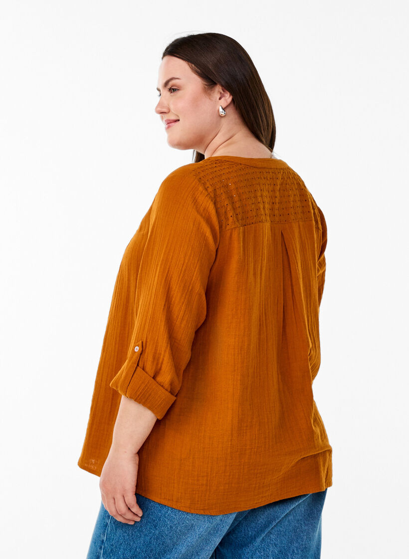 Blouse en mousseline de coton avec broderie anglaise, Orange, Model image number 2