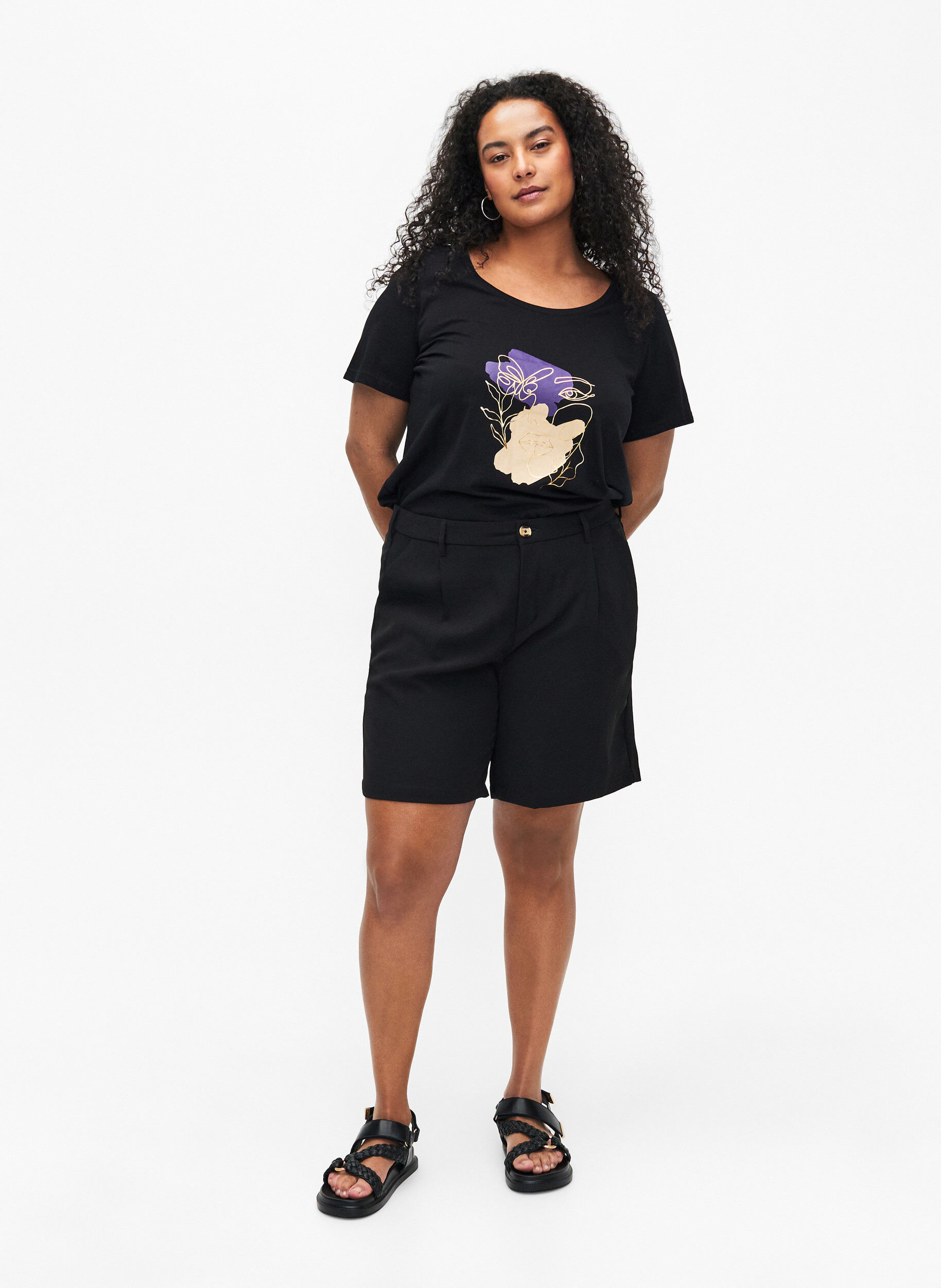 Zizzi T-shirt en coton avec motif, Black w. Face Foil, Model image number 2