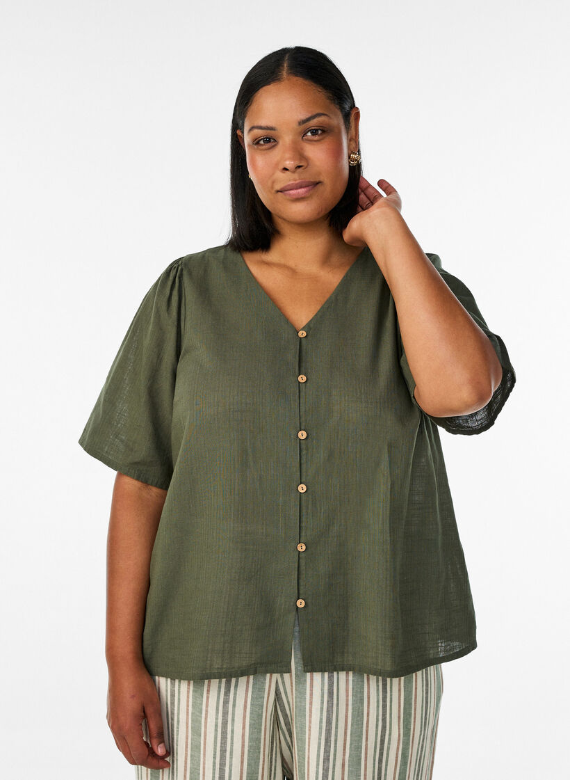Chemise en coton &agrave; manches courtes avec col V, Vert, Model image number 0