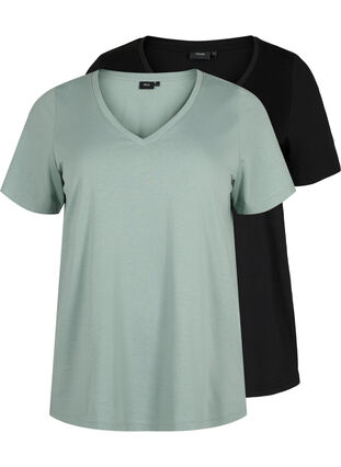 2-pack t-shirt met v-hals, Chinois Green/Black, Packshot image number 0