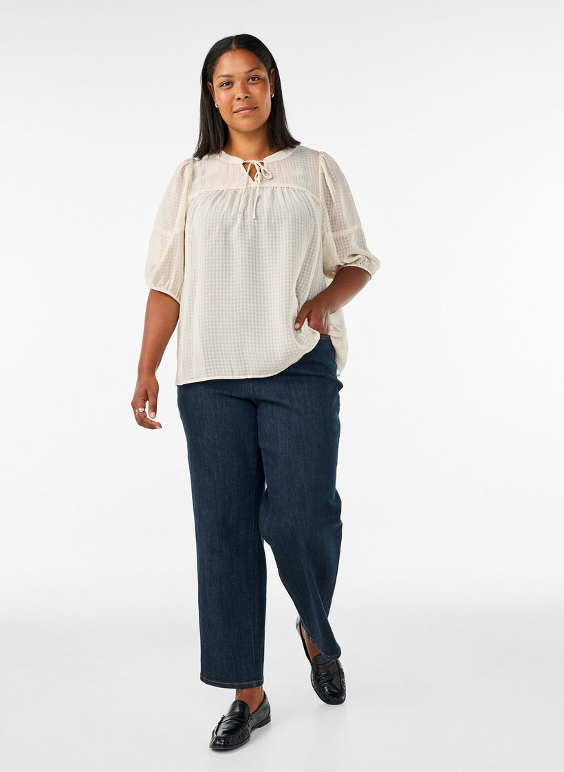 Blouse en seersucker avec lien &agrave; nouer, Beige, Model image number 1
