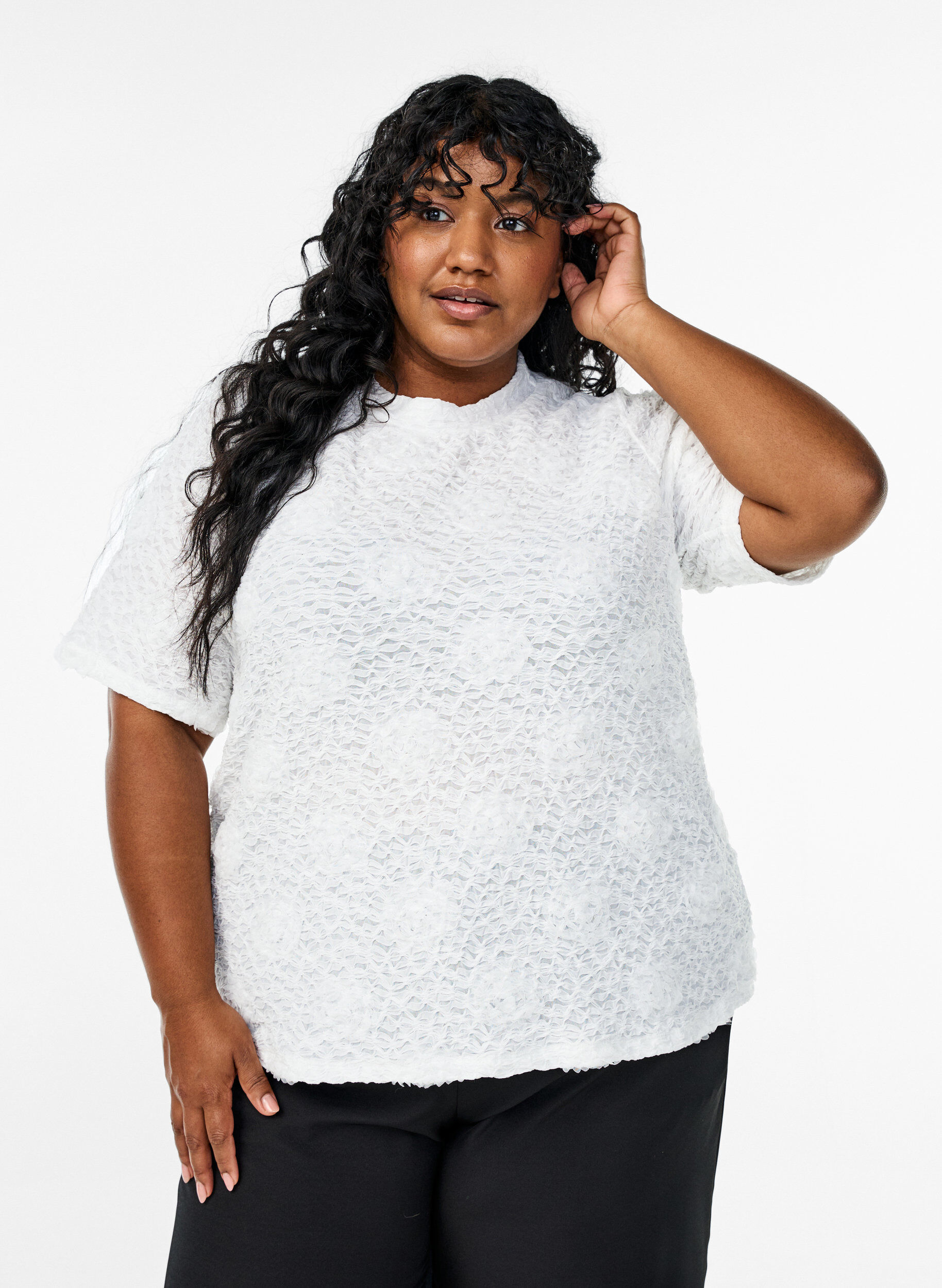 ZizziBlouse met 3D-bloemen en korte mouwen, Wit, Model image number 0