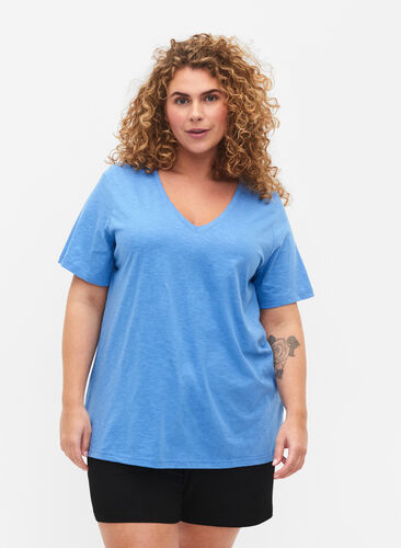 T-shirt basique à manches courtes et col en V, Provence , Model image number 0