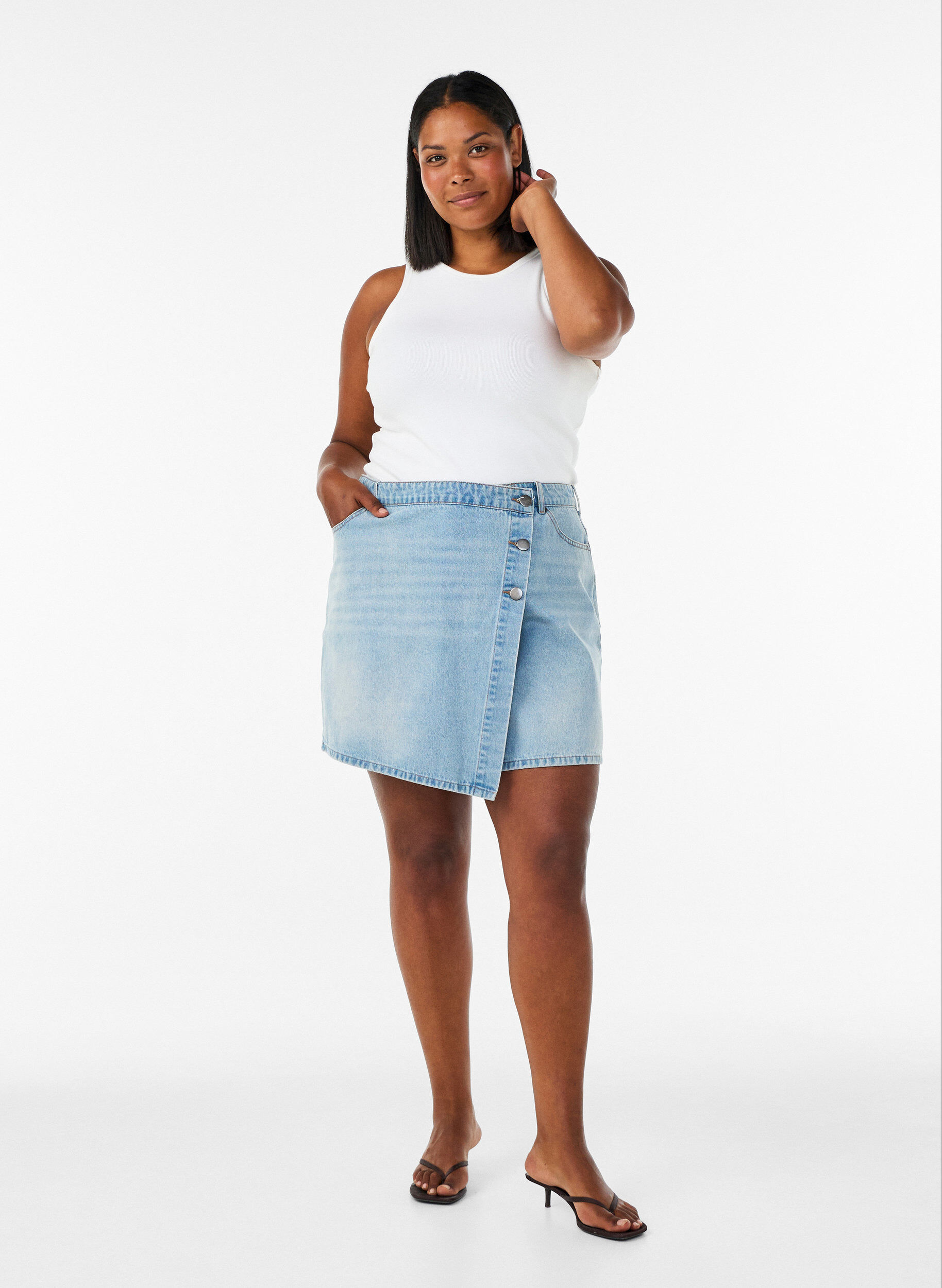 ZizziDenim skort met overslag en hoge taille, Blauw, Model image number 1