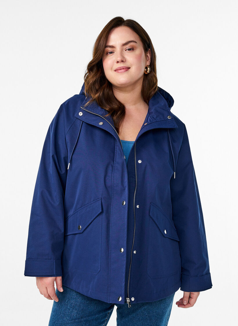 Veste courte de printemps avec capuche amovible, Bleu, Model image number 0