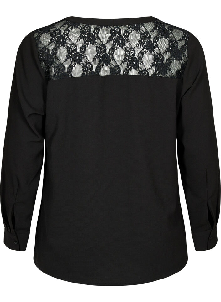 Blouse met lange mouwen en kanten detail , Black, Packshot image number 1
