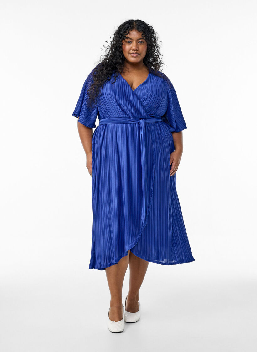 Geplooide midi-jurk met vleermuismouwen, Blauw, Model image number 0