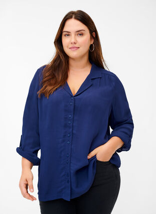 Viscose blouse met v-hals, Peacoat, Model image number 0
