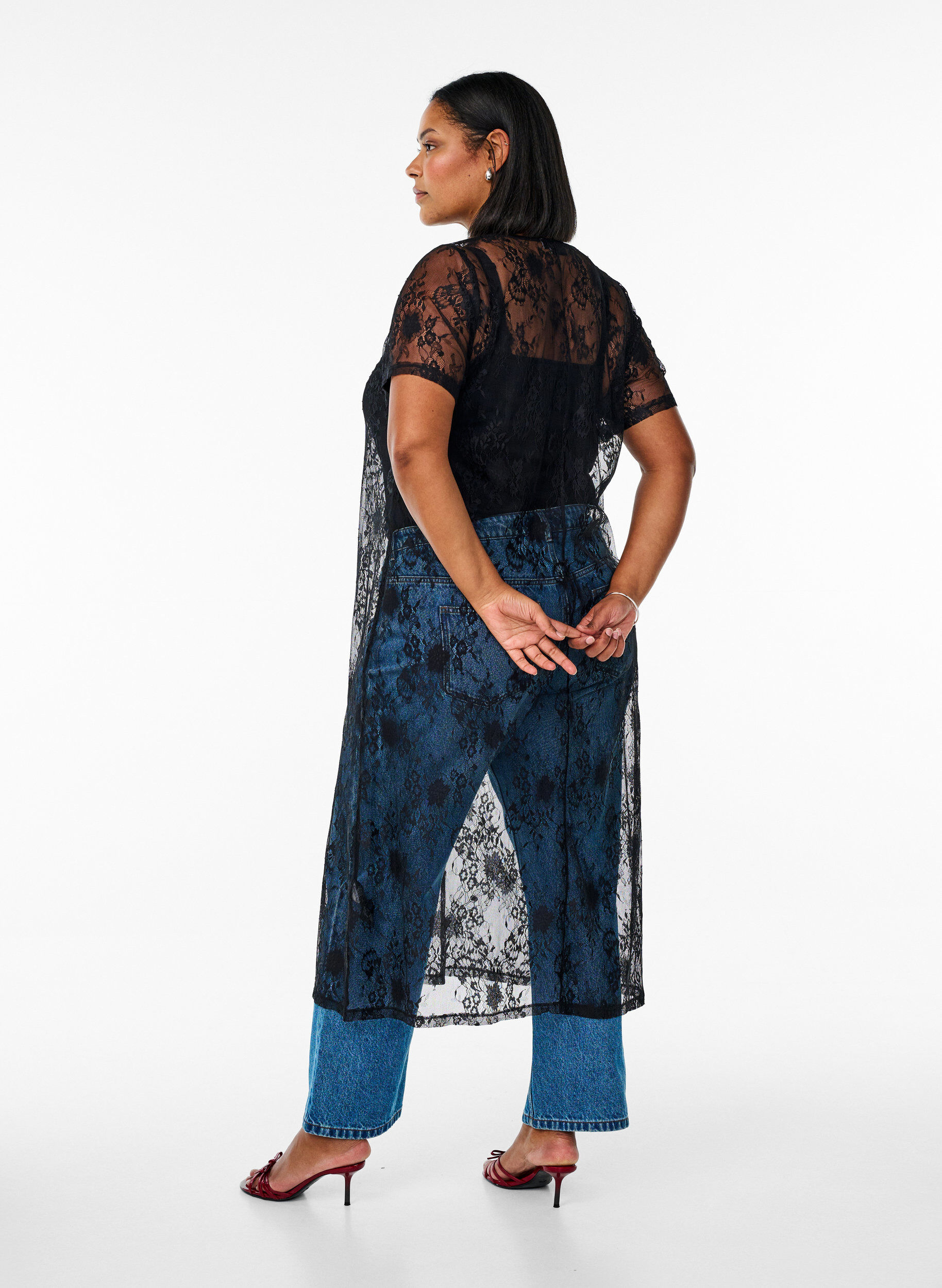 ZizziA-lijn jurk met een halflange kanten lengte, Black, Model image number 1