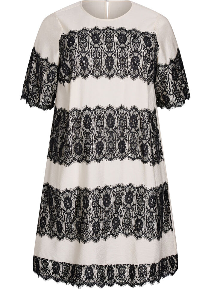 Robe courte avec des empi&egrave;cements en dentelle contrastants, Beige, Packshot image number 0