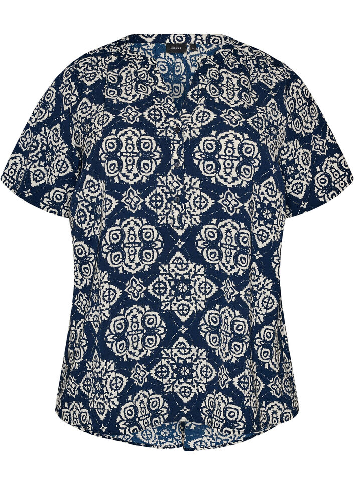 Blouse met korte mouwen en v-halslijn, Blauw, Packshot image number 0