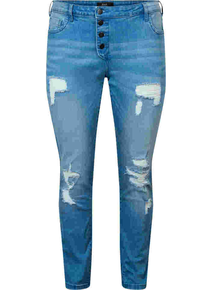 Ripped Emily jeans met normale taille, Blue denim, Packshot image number 0