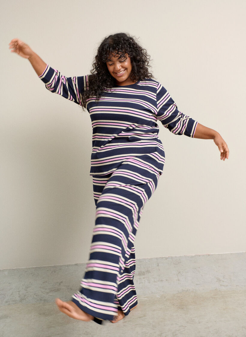 Nachtbovenstuk met lange mouwen in geribde jersey met strepen, Blauw, Image image number 0