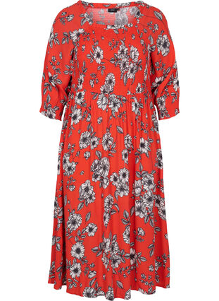 Gebloemde viscose midi-jurk met smok, Fiery Red Flower AOP, Packshot image number 0