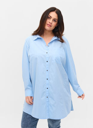 Lang katoenen blouse met kraag en knoopsluiting, Chambray Blue, Model image number 1