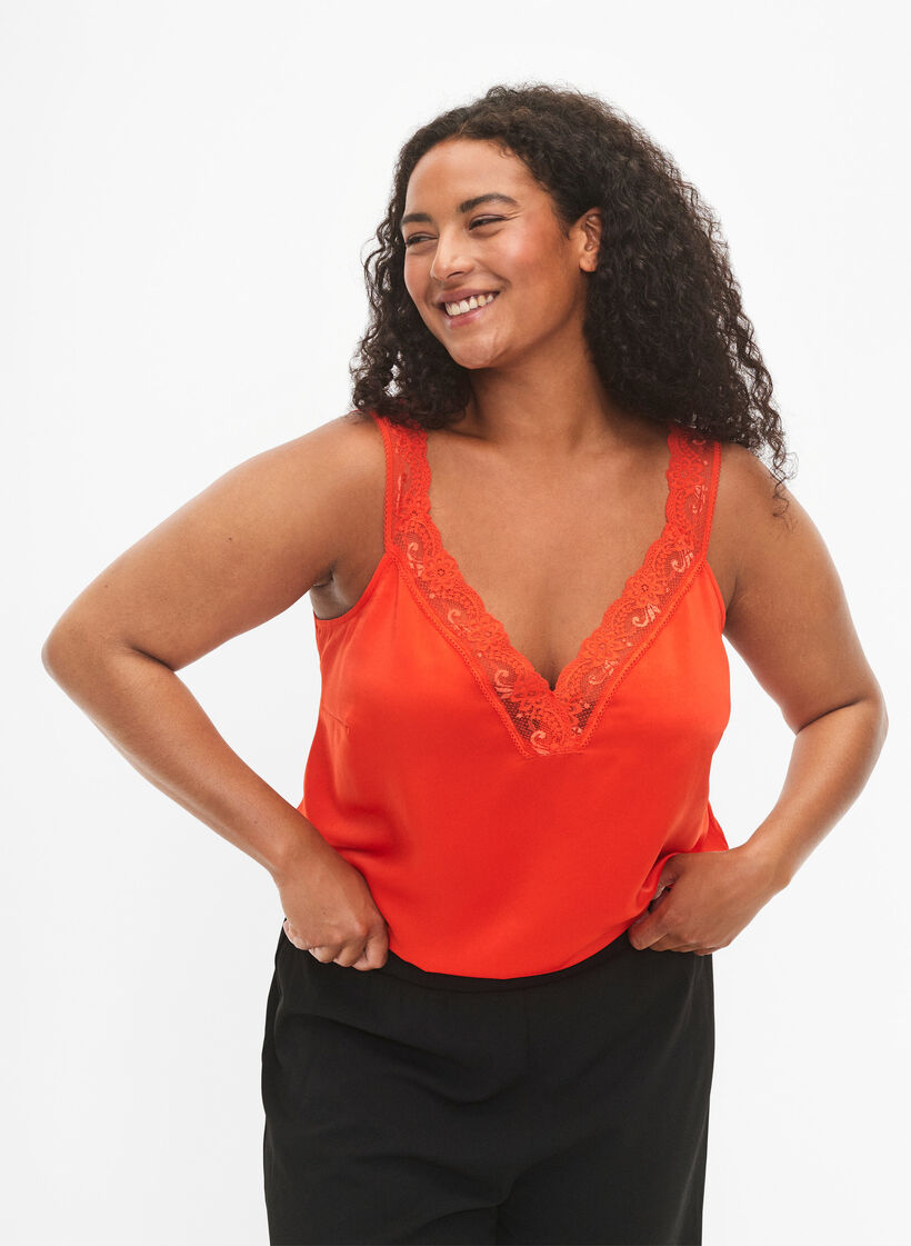 FLASH - Top met V-hals en kanten rand, Orange.com, Model image number 0