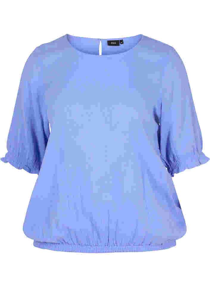 Katoenen blouse met smokwerk en korte mouwen, Wedgewood, Packshot image number 0