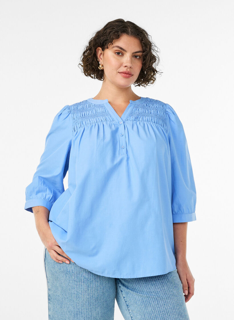 Blouse met smock en 3/4 mouwen, Blauw, Model image number 0