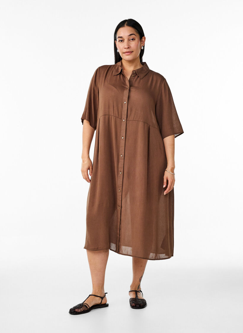 Robe chemise mi-longue &agrave; manches courtes, Vert fonc&eacute;, Model image number 1