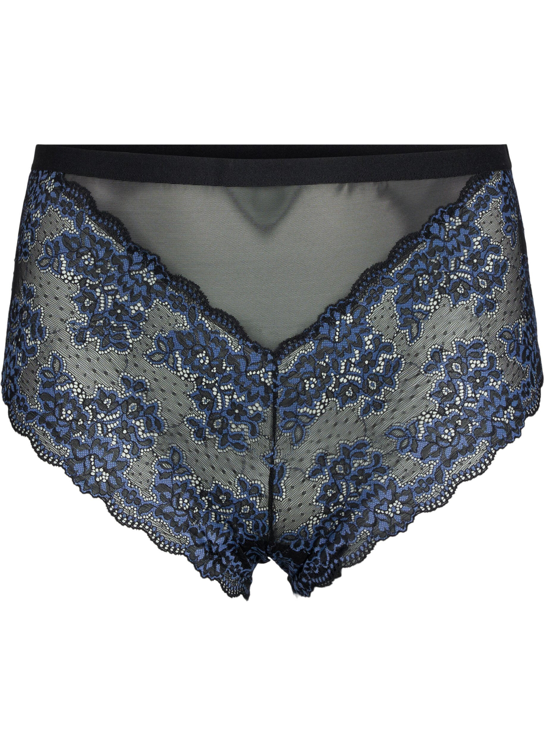 ZizziKanten slip met high waist, Black w. blue lace, Packshot image number 0