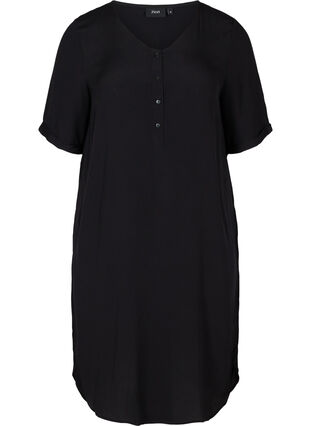 Viscose jurk met korte mouwen en knopen, Black, Packshot image number 0