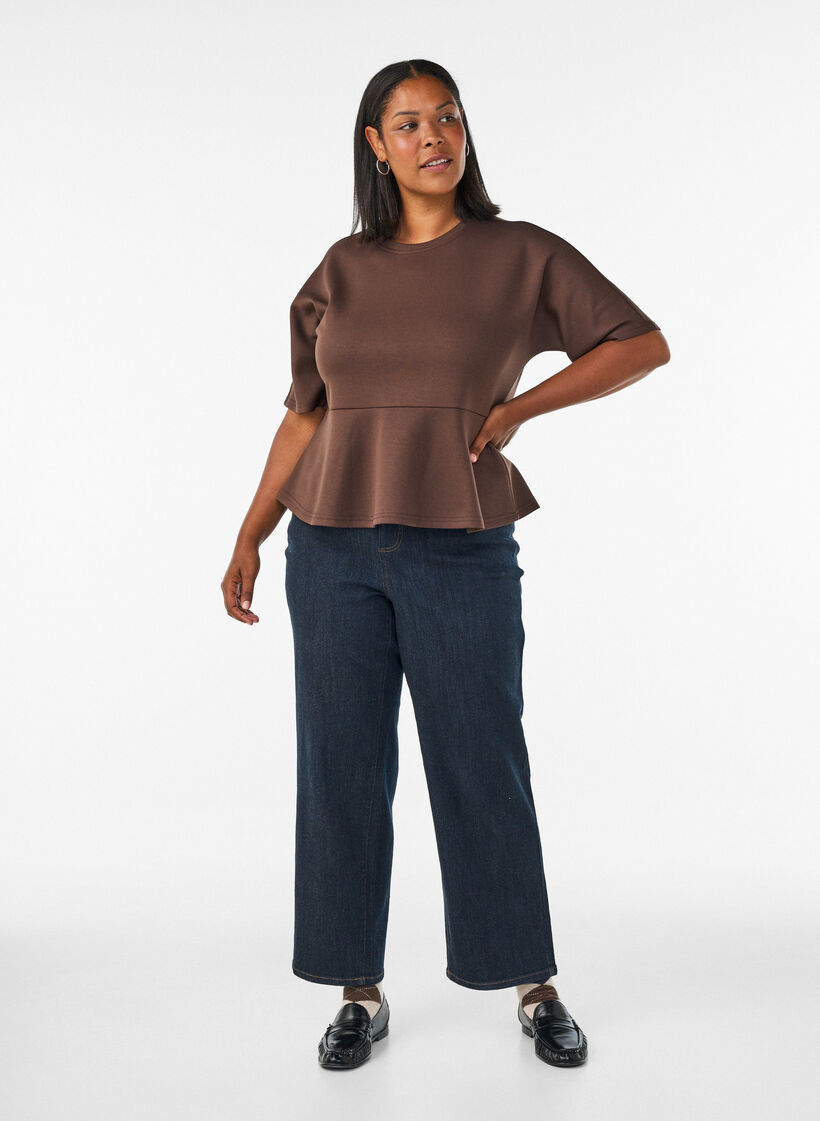 Peplum blouse met ellebooglange mouwen, Bruin, Model image number 1