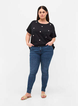 T-shirt en coton à manches courtes avec imprimé à fleurs, Black W. Flower, Model image number 2