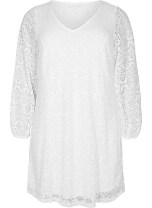Kanten jurk met v-snit en lange mouwen, Bright White, Packshot image number 0