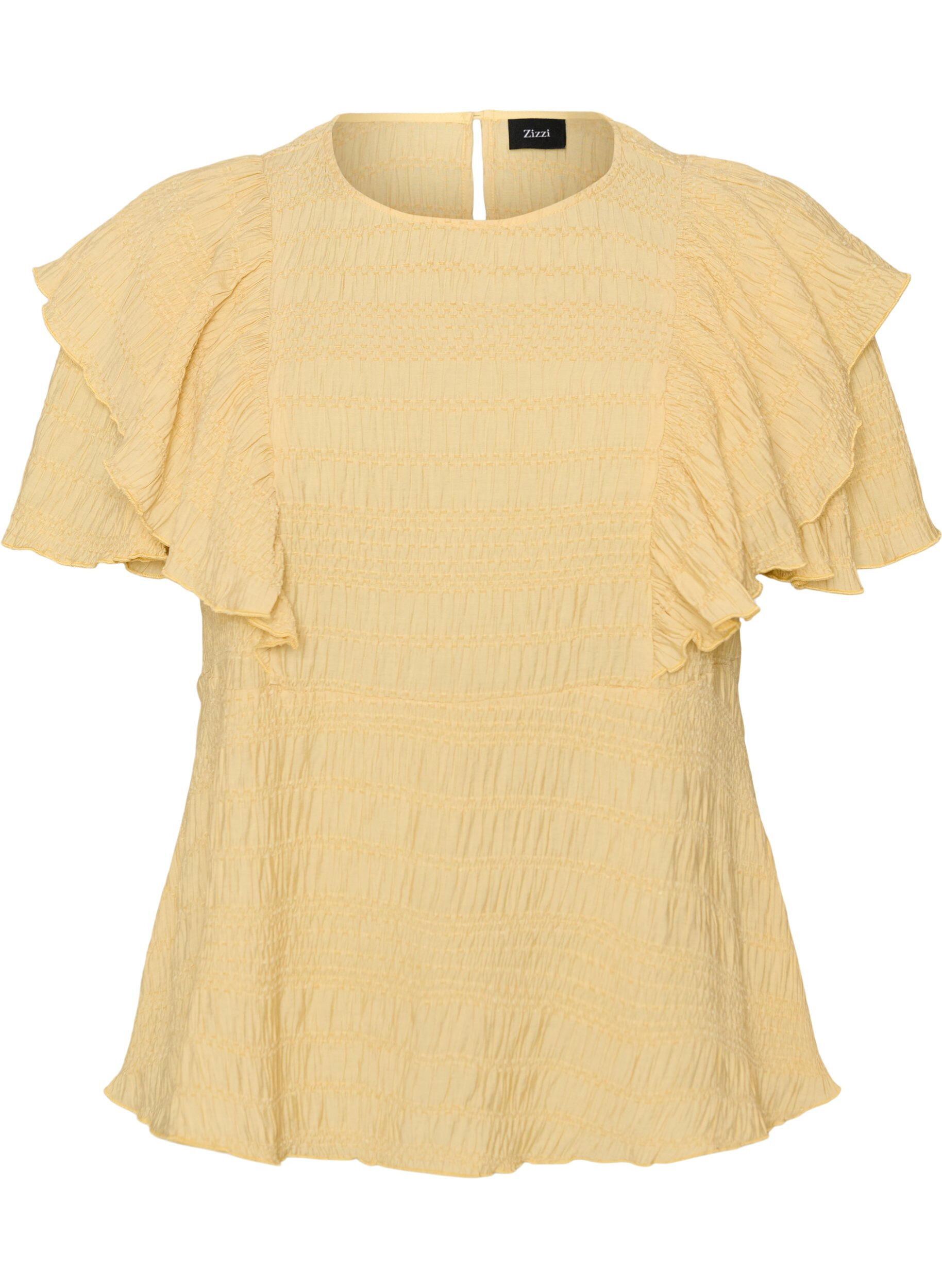 Blouse avec texture smock&eacute;e et manches &agrave; volants