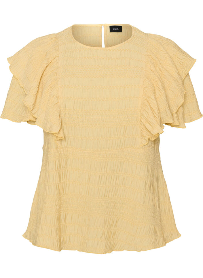 Blouse avec texture smock&eacute;e et manches &agrave; volants, Jaune clair, Packshot image number 0