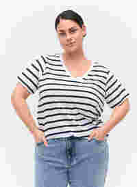 T-shirt en coton rayé avec encolure en V, White Navy B Stripe, Model