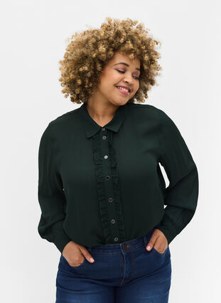 Viscose blouse met knoopsluiting en lintdetails, Scarab, Model image number 0