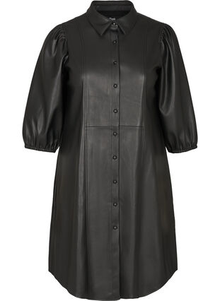 Robe en simili-cuir à manches 3/4 bouffantes, Black, Packshot image number 0