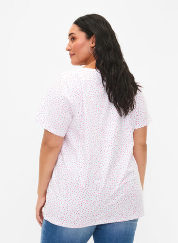 T-shirt en coton avec des points et un col en V, B.White/S. Pink Dot, Model image number 1