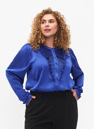 Satijnen overhemd blouse met ruches, Deep Ultramarine, Model image number 0