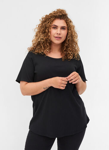 T-shirt à manches courtes en qualité côtelée, Black, Model image number 0