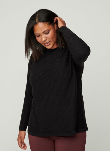 Gebreide geribbelde sweater met ronde hals , Black, Model image number 0