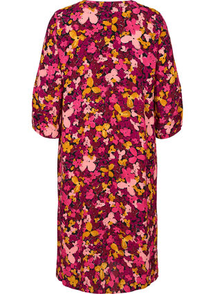 Viscose jurk met 3/4 mouwen en bloemenprint, Hot Pink Flower, Packshot image number 1