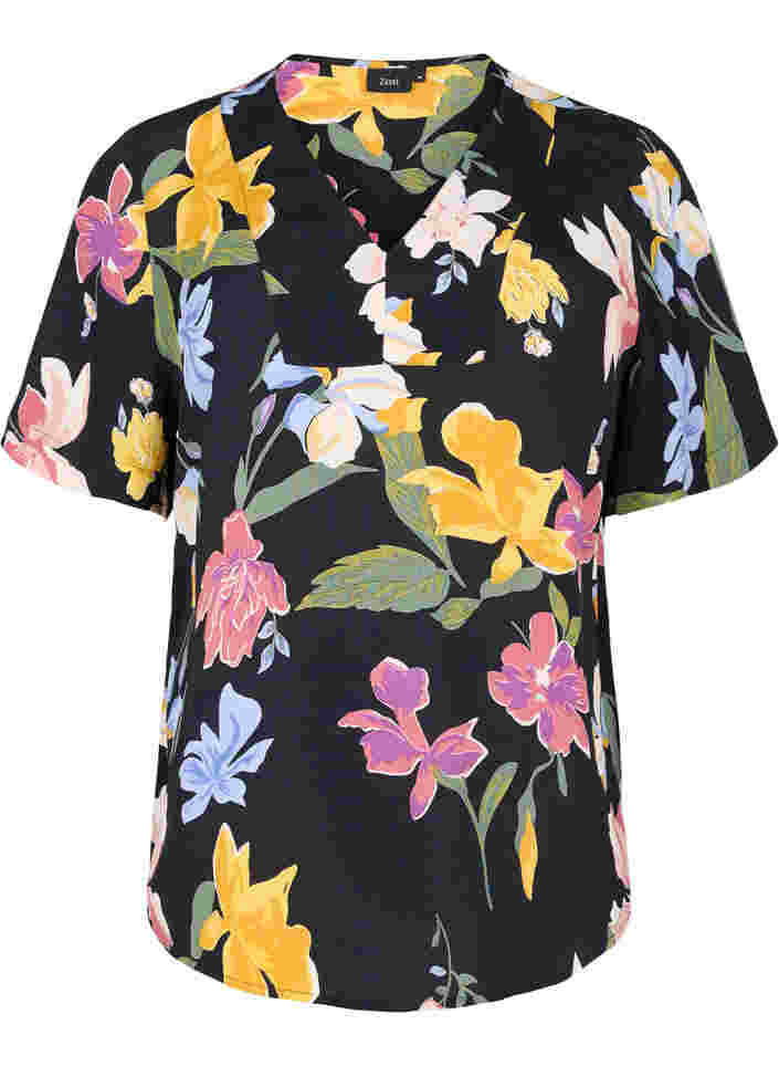 Viscose blouse met korte mouwen en bloemenprint, Big Flower AOP, Packshot