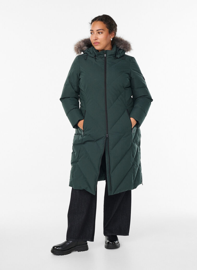 Lange winterjas met haaksluitingen en een nep bontkraag, Groen, Model image number 1