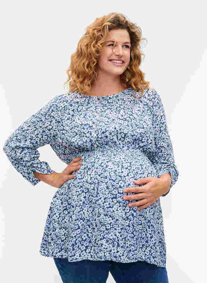 Viscose zwangerschapstop met bloemenprint, Blue Flower AOP, Model image number 0