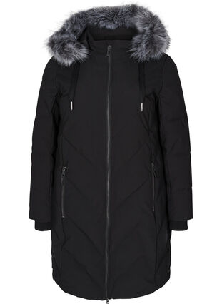 Veste d'hiver avec capuche amovible et grand col en fausse fourrure, Black, Packshot image number 0
