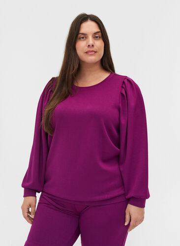 Sweatshirt met ronde hals en ballonmouwen, Dark Purple, Model image number 0