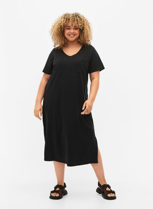 Katoenen jurk met korte mouwen en split, Black, Model image number 0