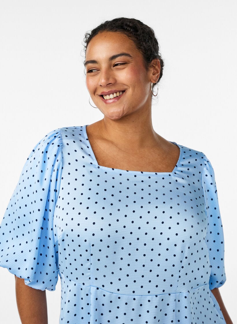 Polkadot midi-jurk met vierkante halslijn, Blauw, Model image number 3