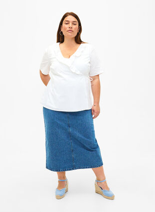 Halflange denim rok met split aan de achterkant, Denim Blue, Model image number 3