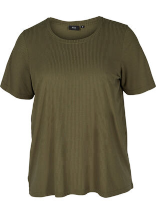 T-shirt met korte mouwen in ribstof, Olive Night, Packshot image number 0