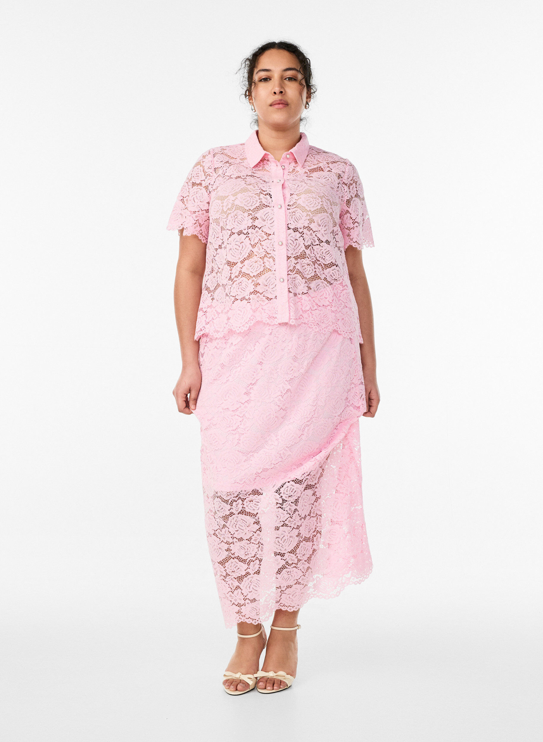 ZizziKanten shirt blouse met parelknopen, Roze, Model image number 1